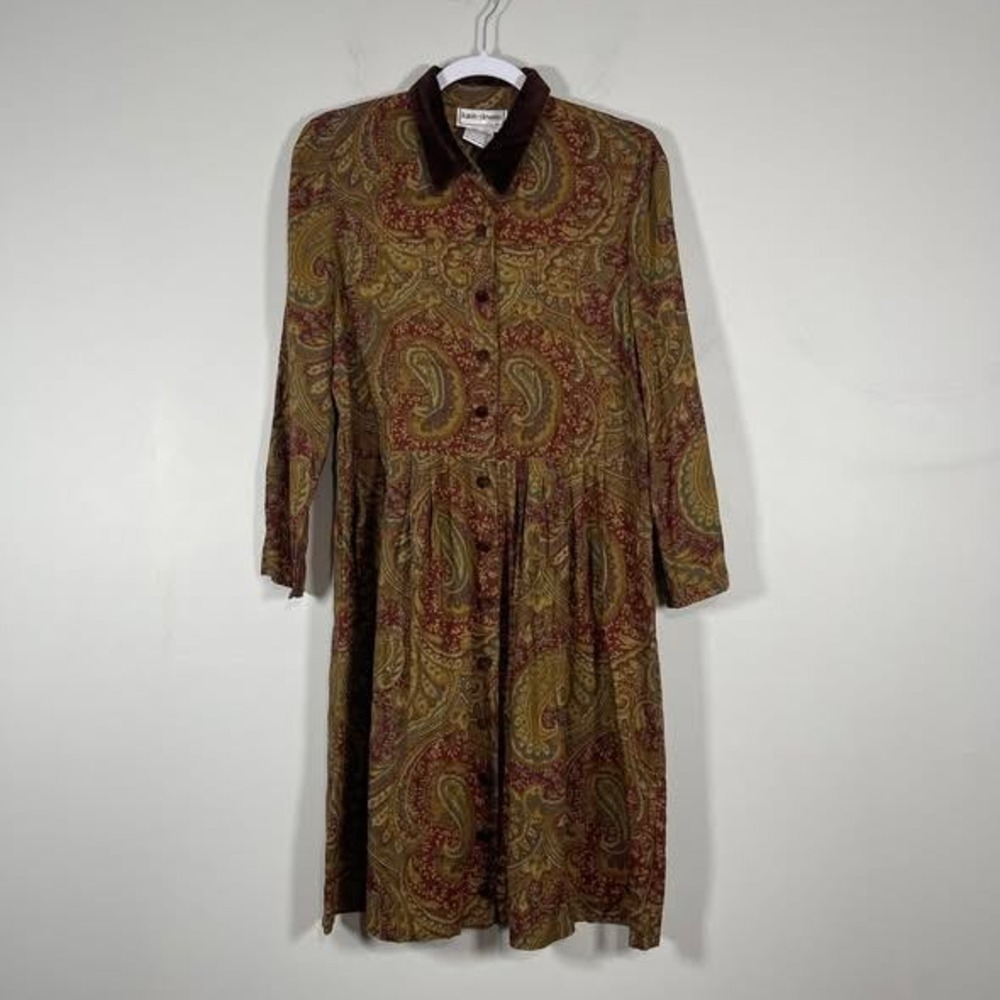 VTG Karin Stevens Paisley Midi Dress Womens 8 Brown Velvet Button Down Prairie